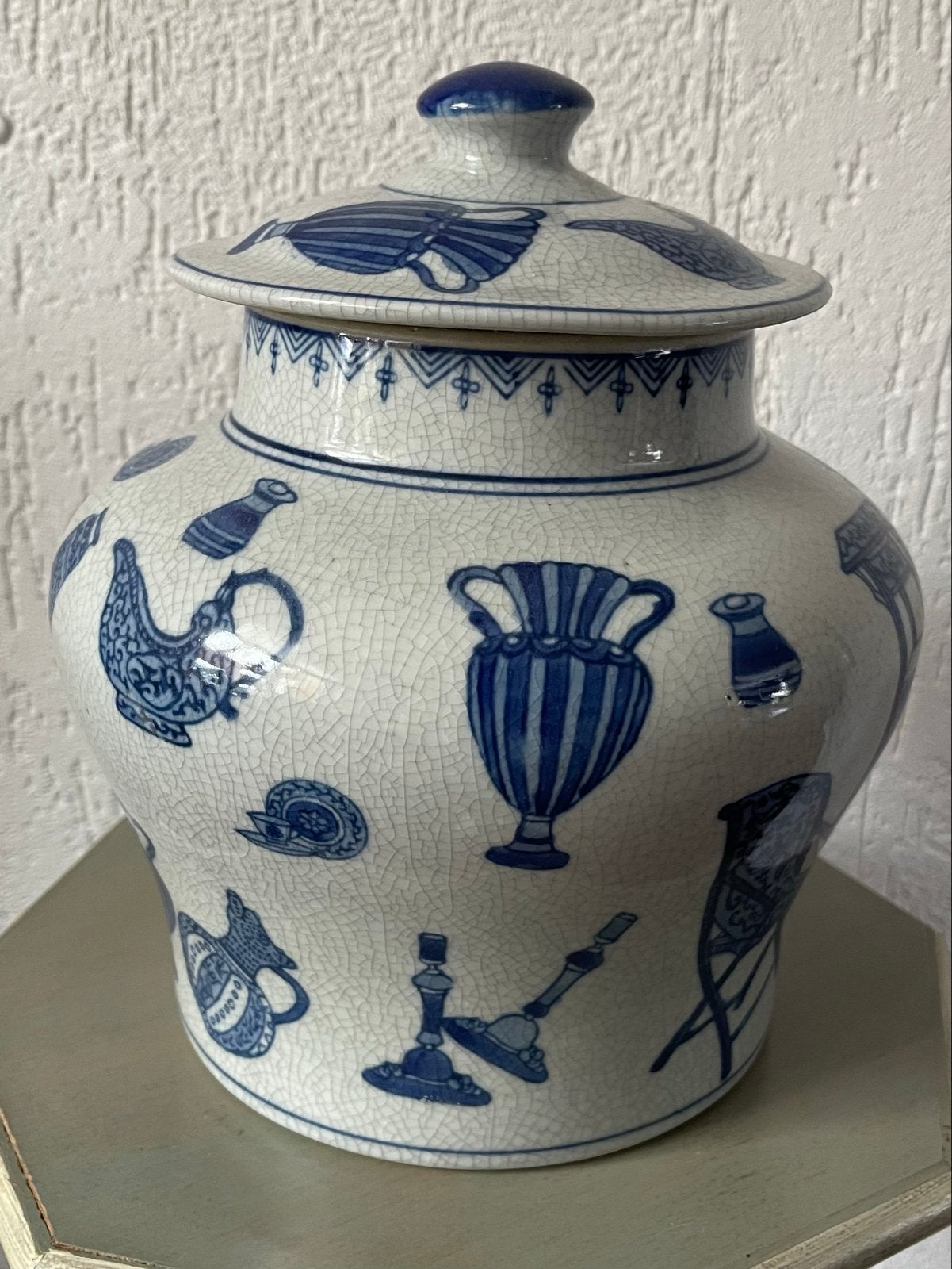 Decoratieve pot met deksel blauw-wit craquelé, Ophalen of Verzenden