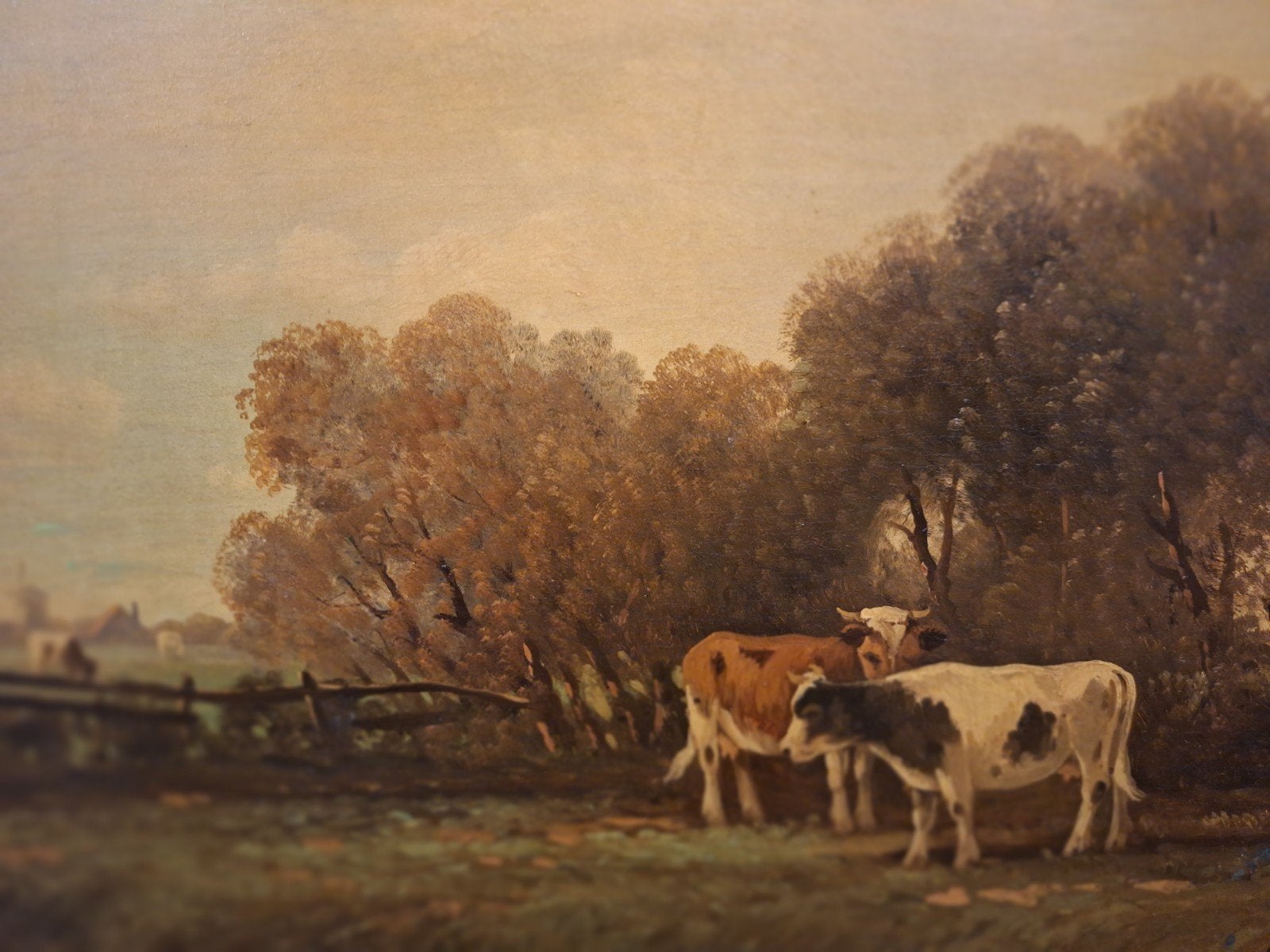 Schilderij koeien in landschap door J. Wouters, Antiek en Kunst, Paneel, Realistisch, Dieren, Ophalen of Verzenden