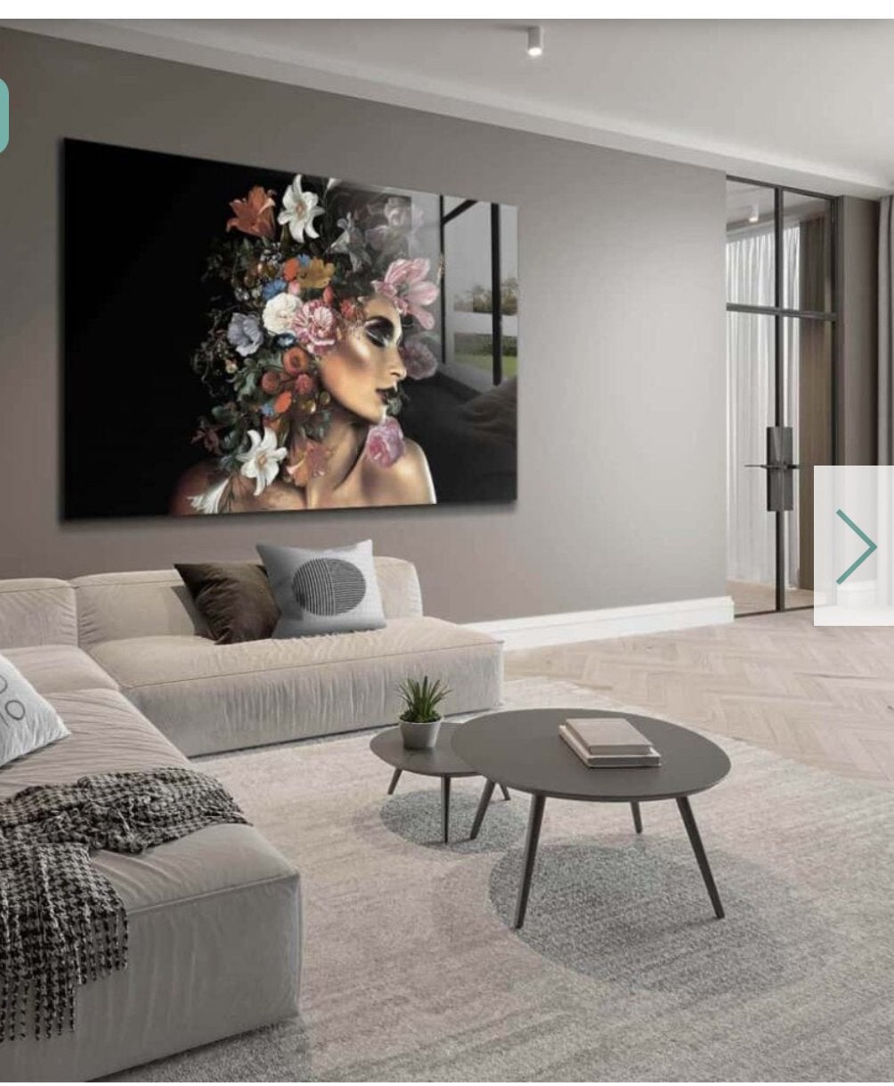 Groot Glasschilderij 'Flower Woman' 120 x 80 cm - nieuwstaat, Huis en Inrichting, Woonaccessoires | Schilderijen, Tekeningen en Foto's
