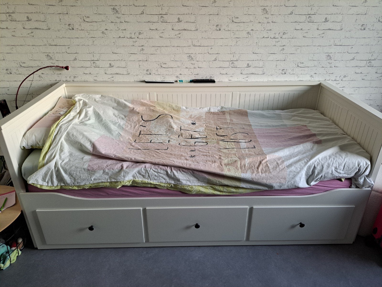 IKEA Hemnes Bedbank met 3 lades en uitschuifbaar bed, Ophalen, Gebruikt, Wit, Tweepersoons