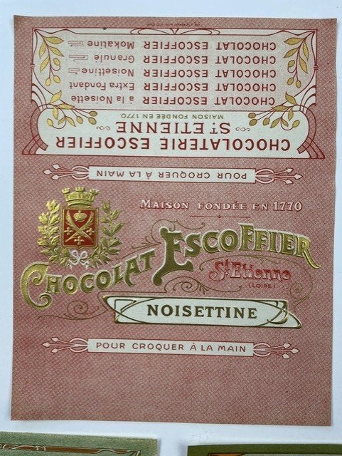 3 zeer oude chocolade etiketten +-1900 chocolat Escoffrier, Verzamelen, Ophalen of Verzenden, Zo goed als nieuw, Verpakking