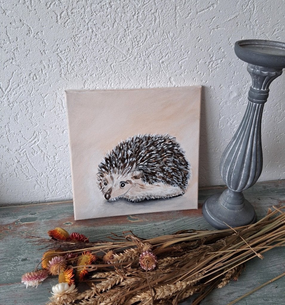 Origineel Handgeschilderd Egel Schilderij  Bosdieren Kunst, Overige stijlen, Doek, Dieren, Ophalen of Verzenden