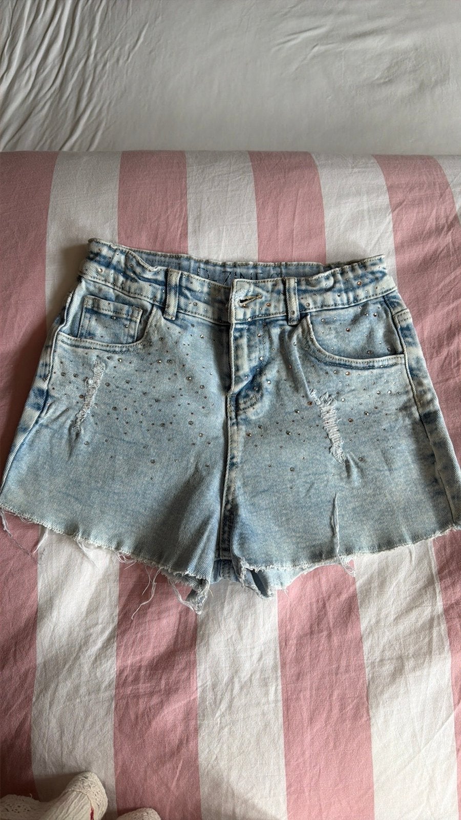 Korte spijkerbroek met kristallen lichtblauw mt 152/158, Ophalen of Verzenden, Zo goed als nieuw, Meisje, Broek