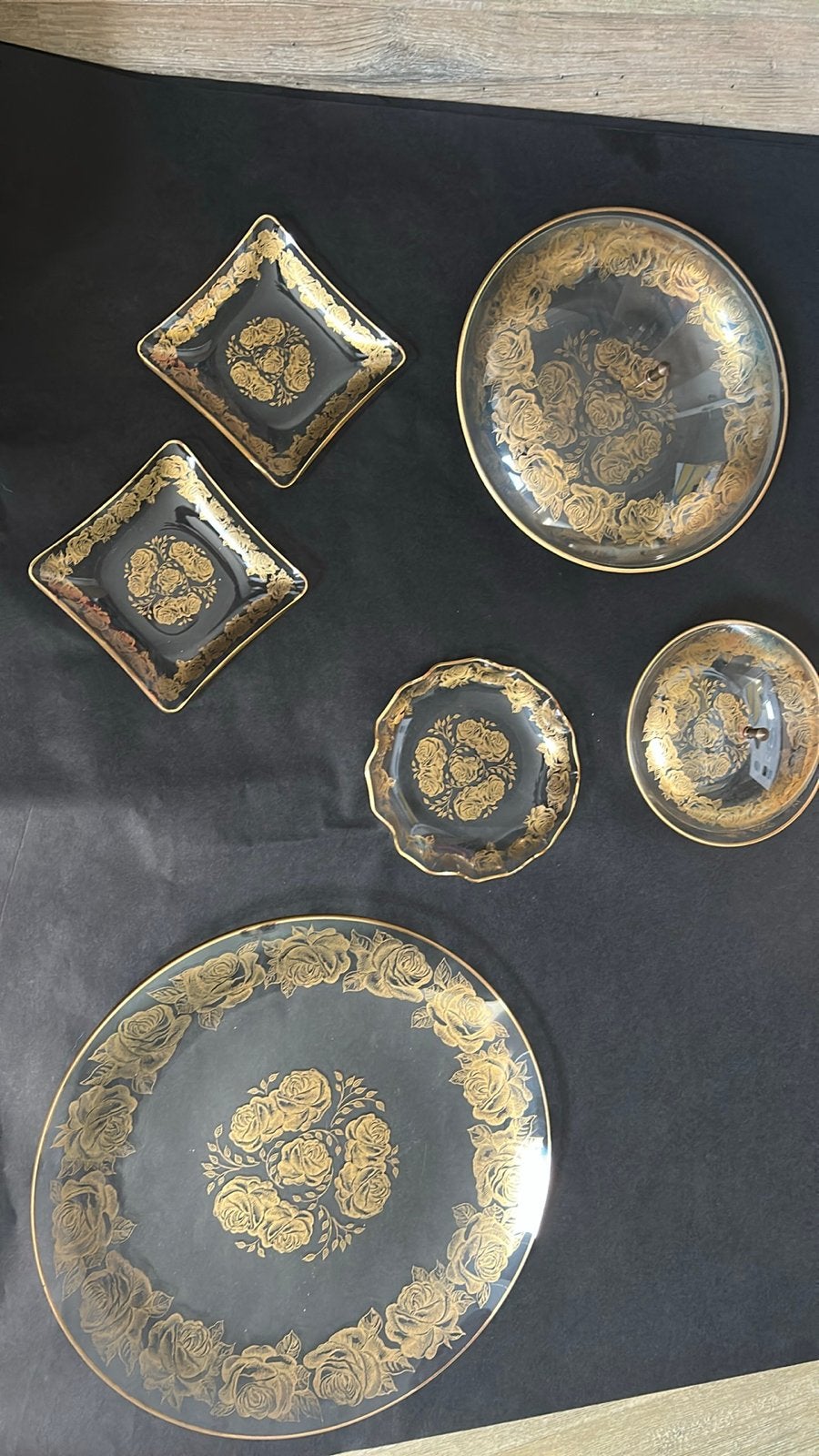 Vintage Glazen Schalen Set met Gouden Roos Decoratie, Ophalen