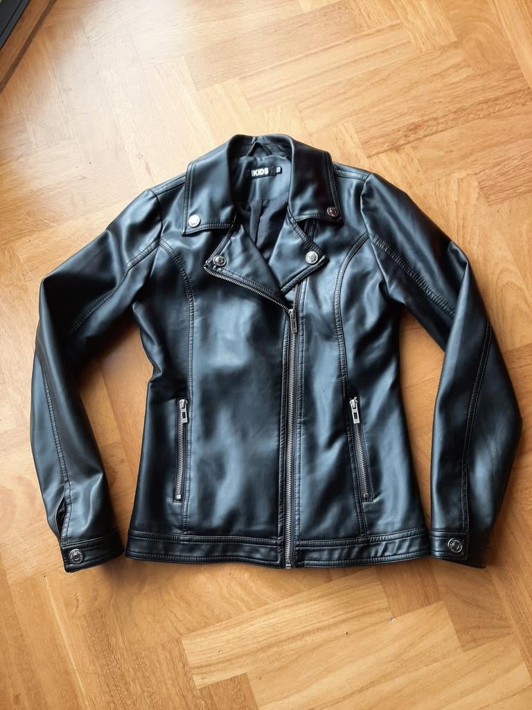 Zwart PU Leren Bikerjack - Maat 158 164, Ophalen of Verzenden, Zo goed als nieuw, Jas