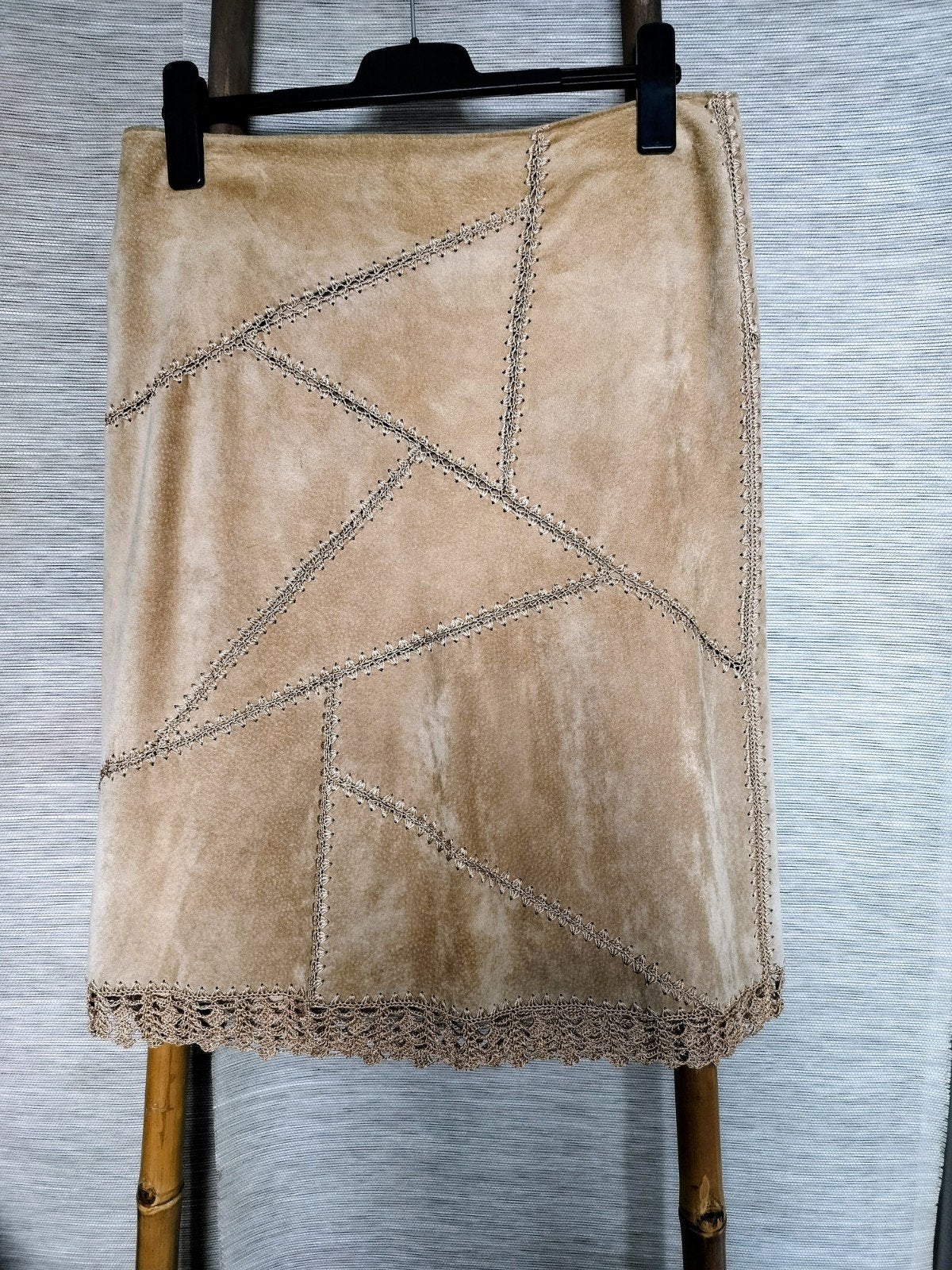 Vintage leren patchwork rok, Ophalen of Verzenden, Zo goed als nieuw, Maat 38/40 (M), Beige