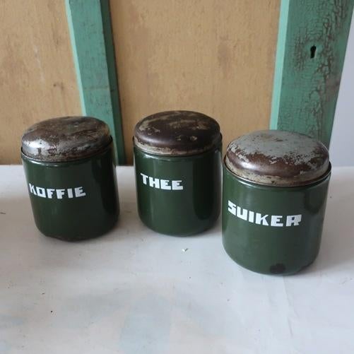 Pot emaille suiker koffie thee groen hoogte 15 cm SET PRIJS, Antiek en Kunst, Antiek | Emaille, Ophalen of Verzenden
