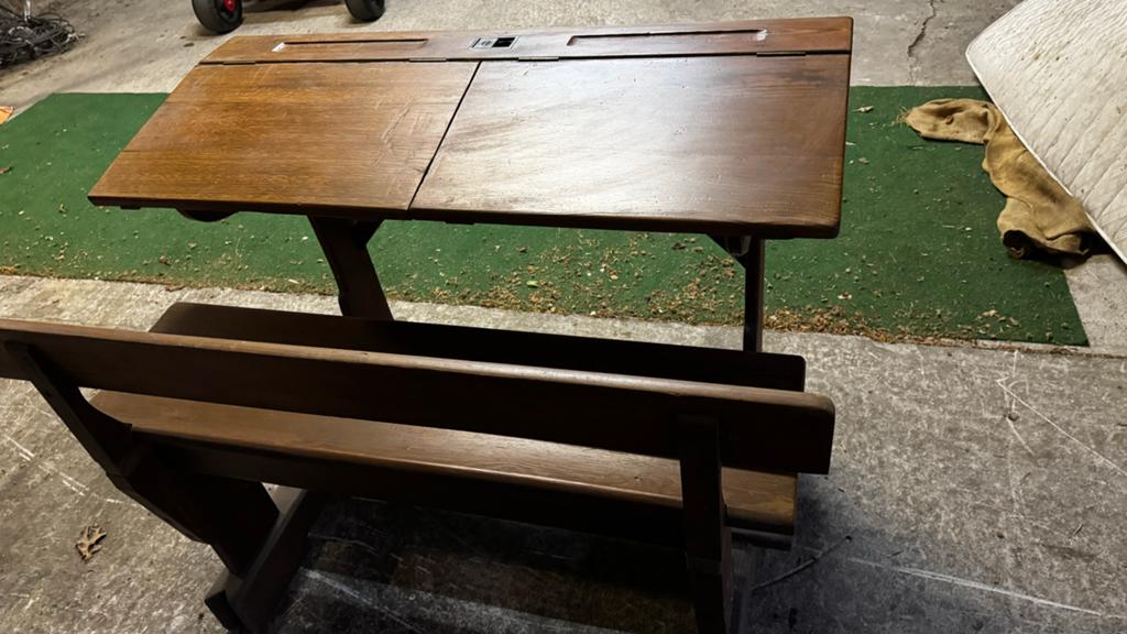 Antieke schoolbank met bankje - Vintage houten bureau, Ophalen, Gebruikt