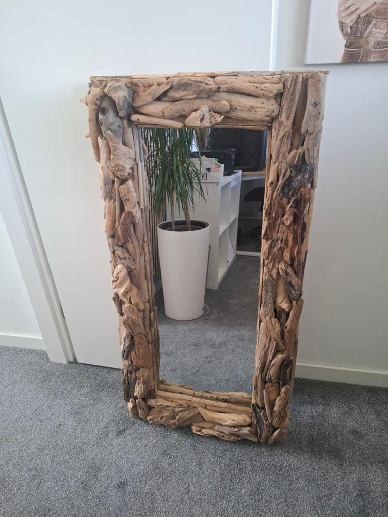 Unieke drijfhout spiegel 120x55 cm, Gebruikt, 100 tot 150 cm, Ophalen of Verzenden, Rechthoekig