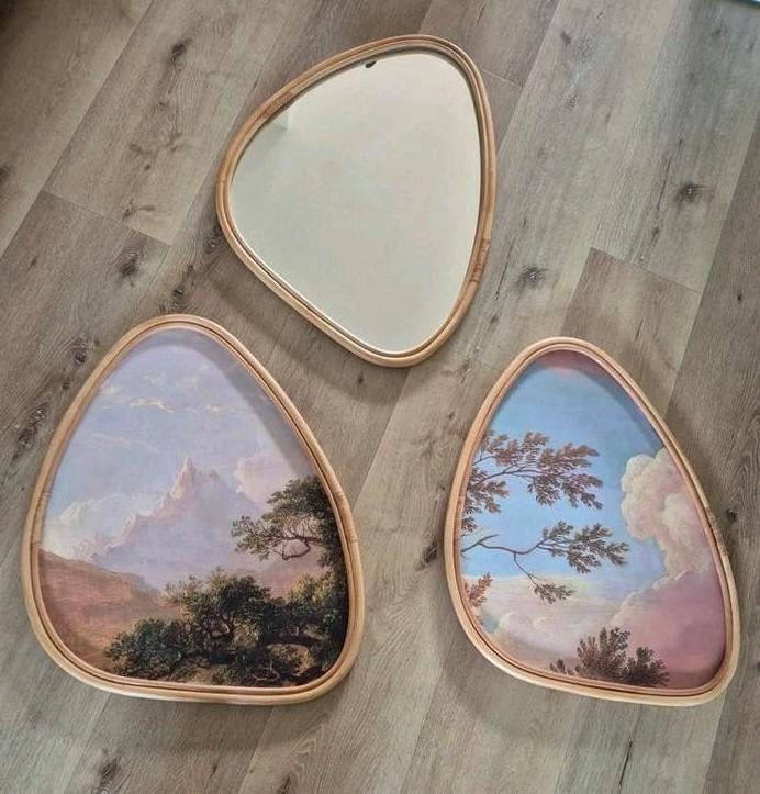 IKEA MARISTOVA  Spiegel en 2 schilderijen met bamboe frame, Ophalen of Verzenden, Zo goed als nieuw, Overige vormen, 50 tot 75 cm