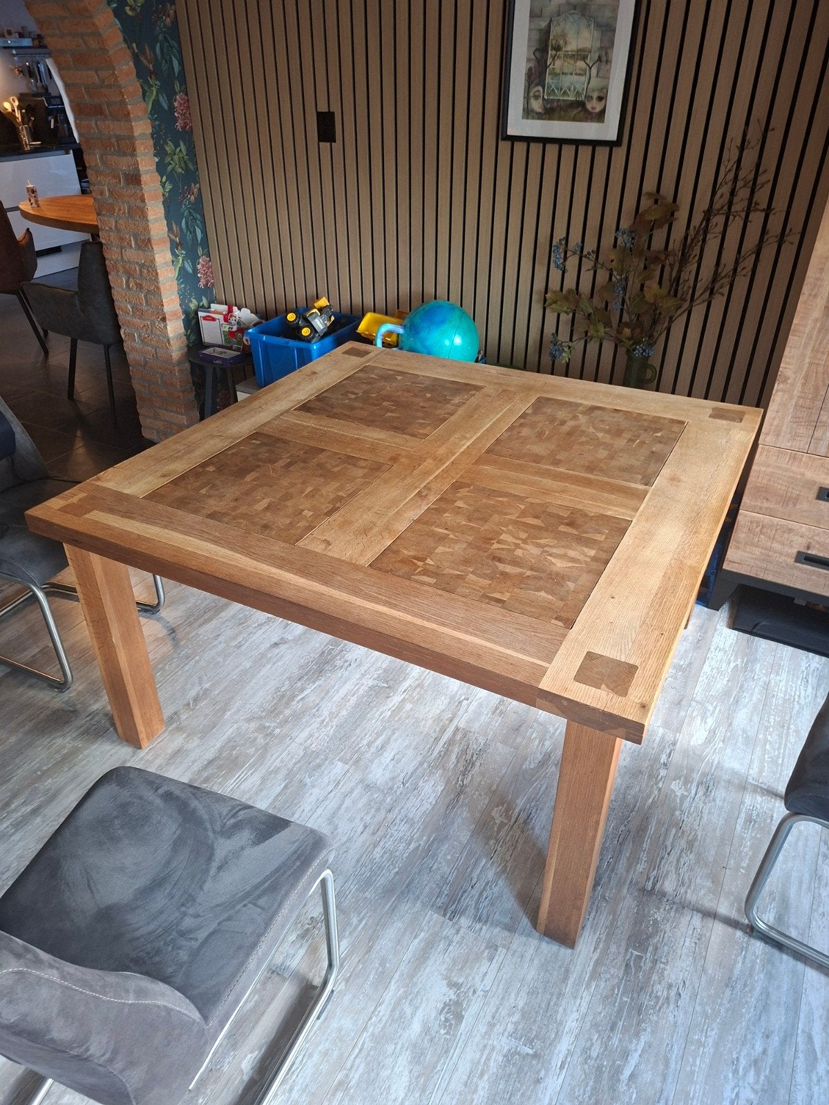 Massief eiken eettafel 144x144cm, 76cm hoog, Ophalen, Gebruikt, Vijf personen of meer, 100 tot 150 cm