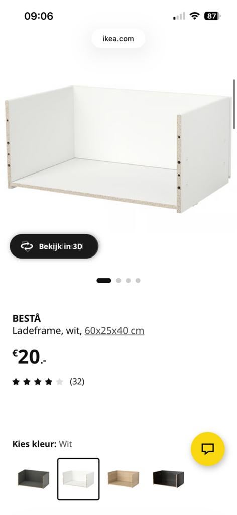 IKEA Besta ladeframe 60x25x40 wit incl. rail, Ophalen, Nieuw, 50 tot 100 cm, Minder dan 100 cm