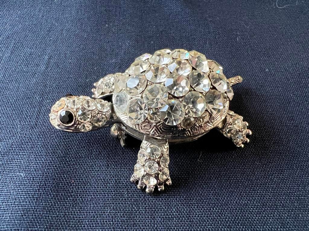 Vintage Schildpad Broche met Strass Steentjes, Sieraden, Tassen en Uiterlijk, Broches, Overige materialen, 4 tot 7 cm, Gebruikt