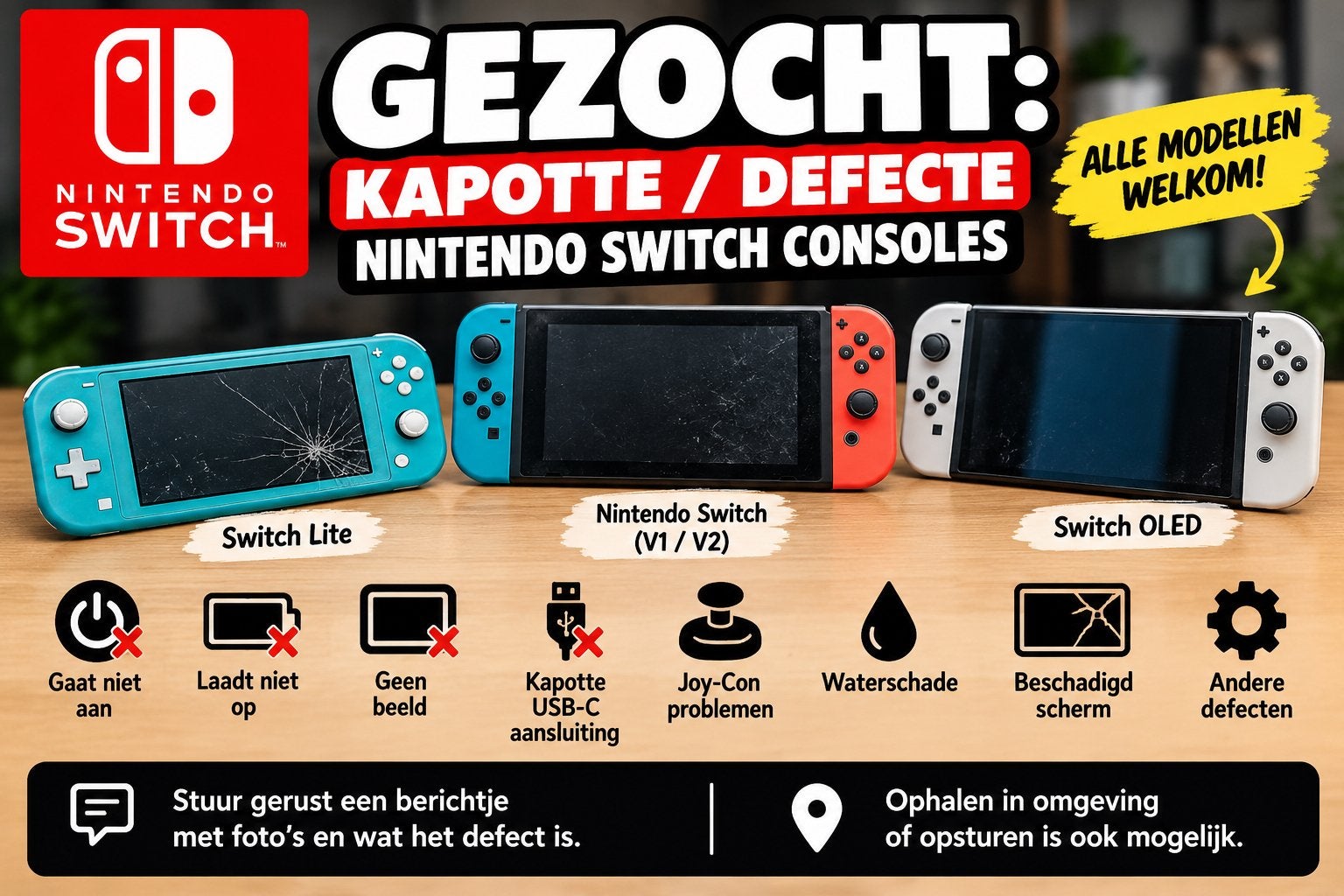 GEZOCHT: Kapotte / defecte Nintendo Switch consoles, Spelcomputers en Games, Met games, Ophalen of Verzenden, Zo goed als nieuw