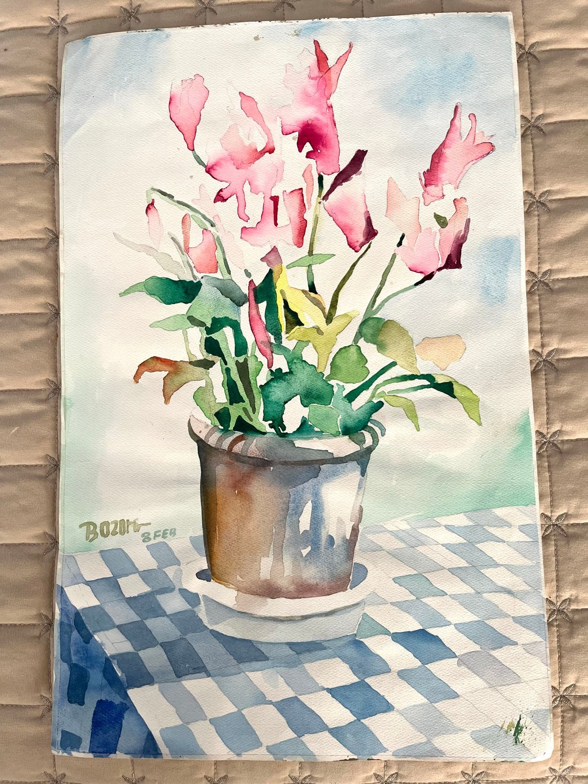 Aquarel Almeerse Schilder Bozorg met Roze Bloemen in Pot, Realistisch, Stilleven, Ophalen of Verzenden, Gesigneerd