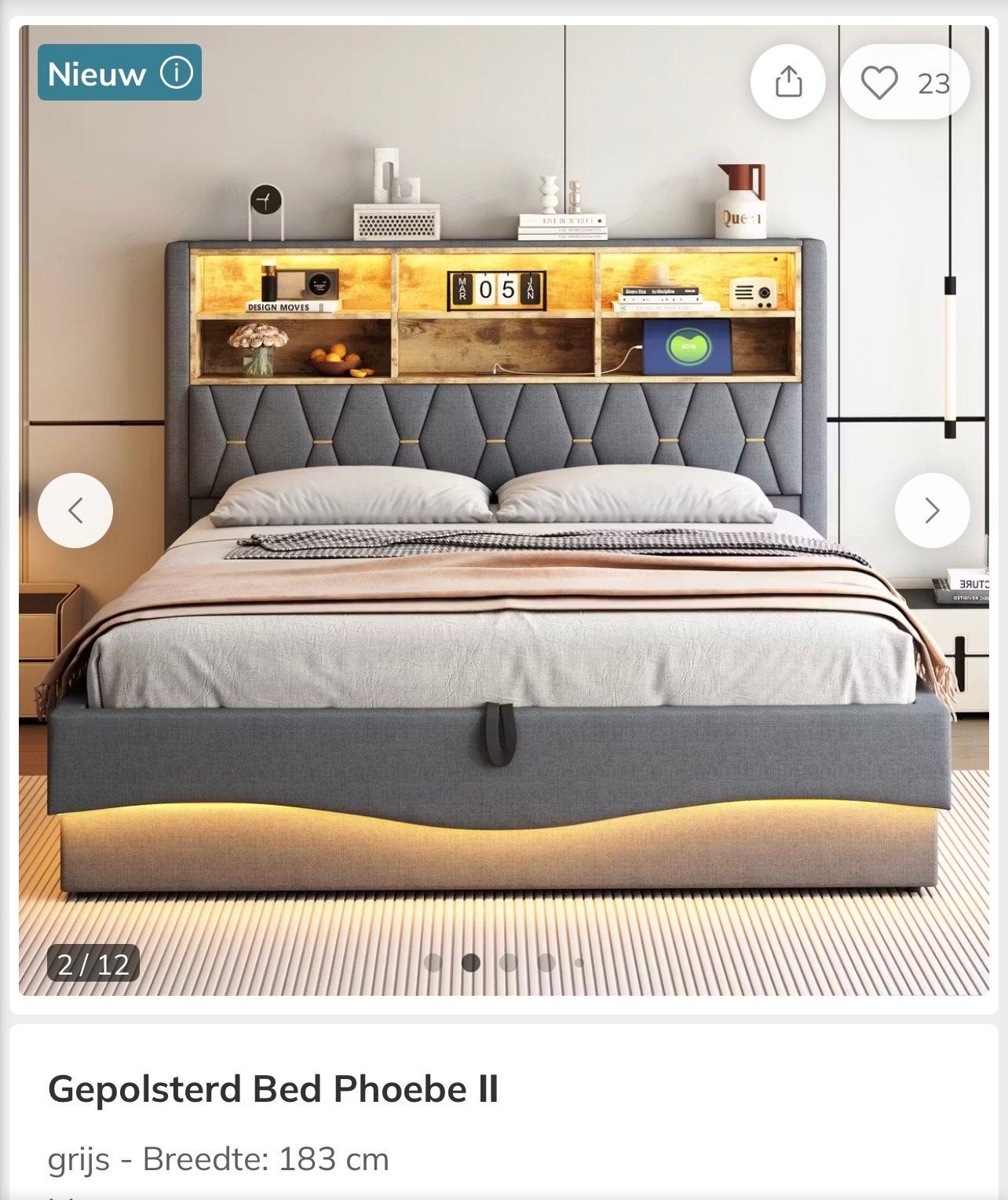 Nieuw in doos: Gepolsterd Bed Phoebe II, Ophalen, Verstelbaar, 180 cm, 200 cm