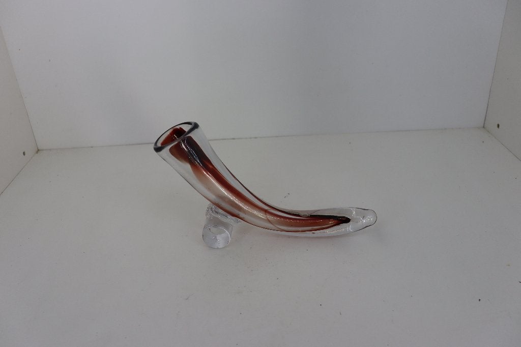 Prachtige Vintage Glazen Hoornvaas met Standaard, Ophalen of Verzenden
