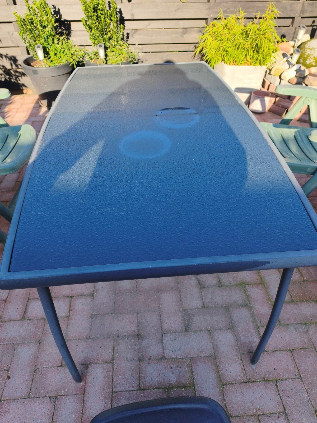 Tuin-/balkontafel met glazen blad, Ophalen, Gebruikt, Rechthoekig, Metaal