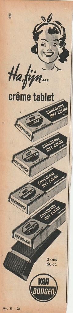Retro reclame 1949 Van Dungen chocolade ha, fijn!, Verzamelen, Retro, Verzenden, Overige typen