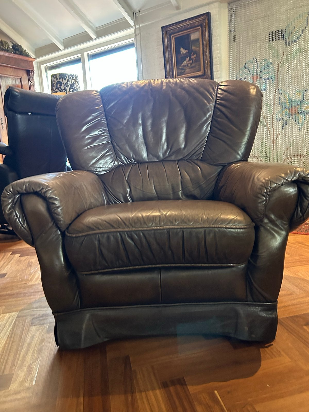 Comfortabele bruine leren fauteuil, Ophalen, Gebruikt, Leer, 100 tot 125 cm