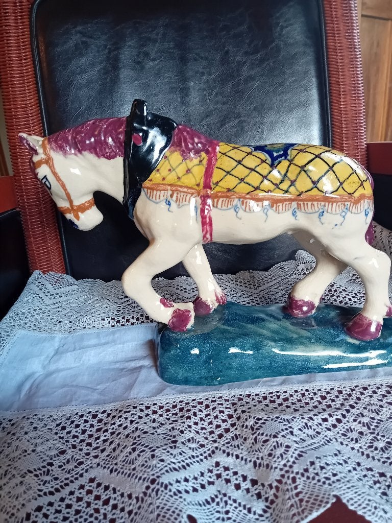 antiek polycroom delfst porselein paard, 18 tot 20 eeuw, Ophalen of Verzenden