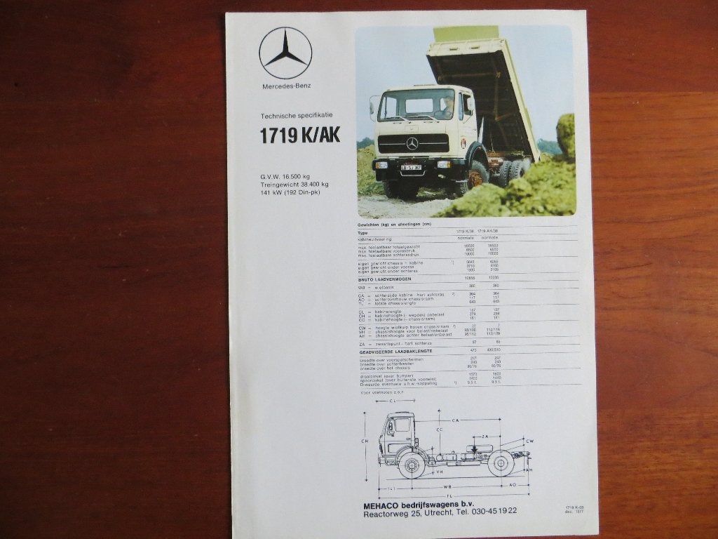 Mercedes-Benz Technische specifikatie 1719 K/AK (dec. 1977), Ophalen of Verzenden, Nieuw, Mercedes