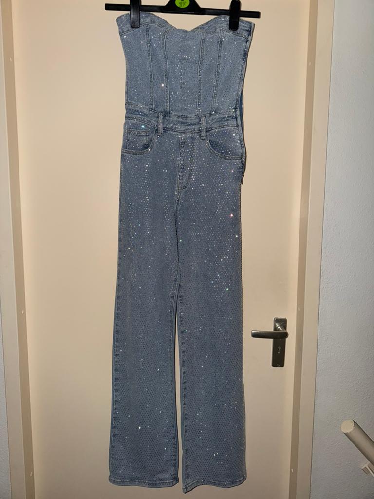 Dames blauwe spijker jumpsuit met steentjes van Label Noir, Ophalen of Verzenden, Zo goed als nieuw, Maat 34 (XS) of kleiner, Blauw