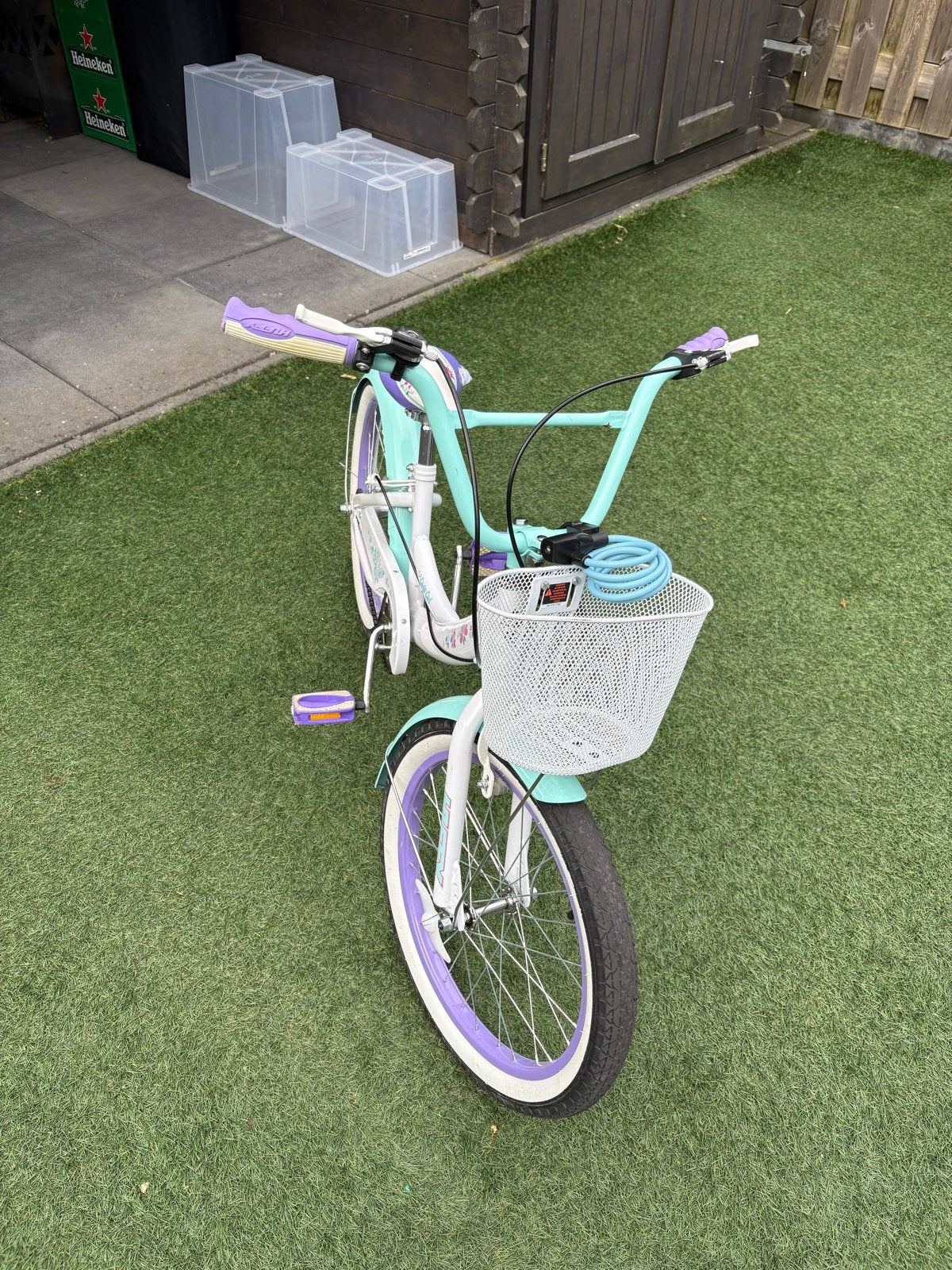 Leuke kinderfiets met mandje - wit/paars/mintgroen, Ophalen, Gebruikt, Velgrem, 16 tot 20 inch