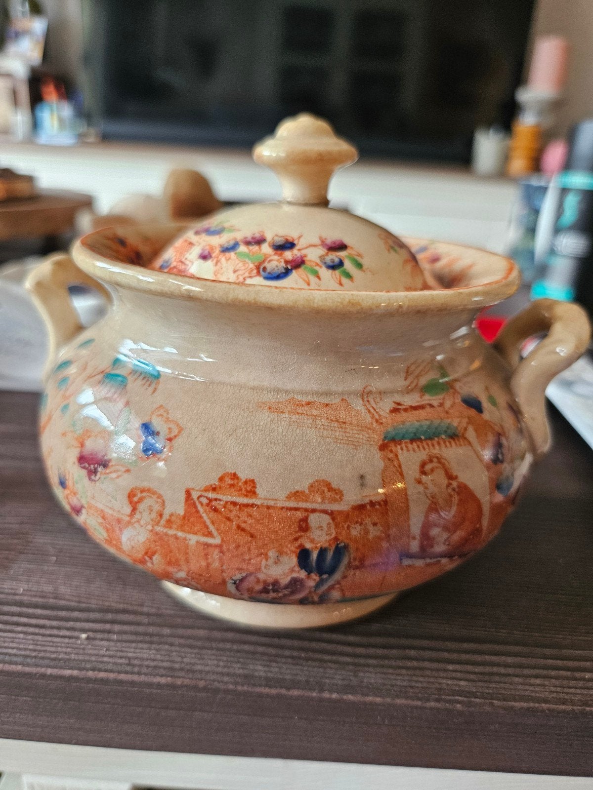 Antieke aardewerk pot met deksel, handgeschilderd, Ophalen of Verzenden