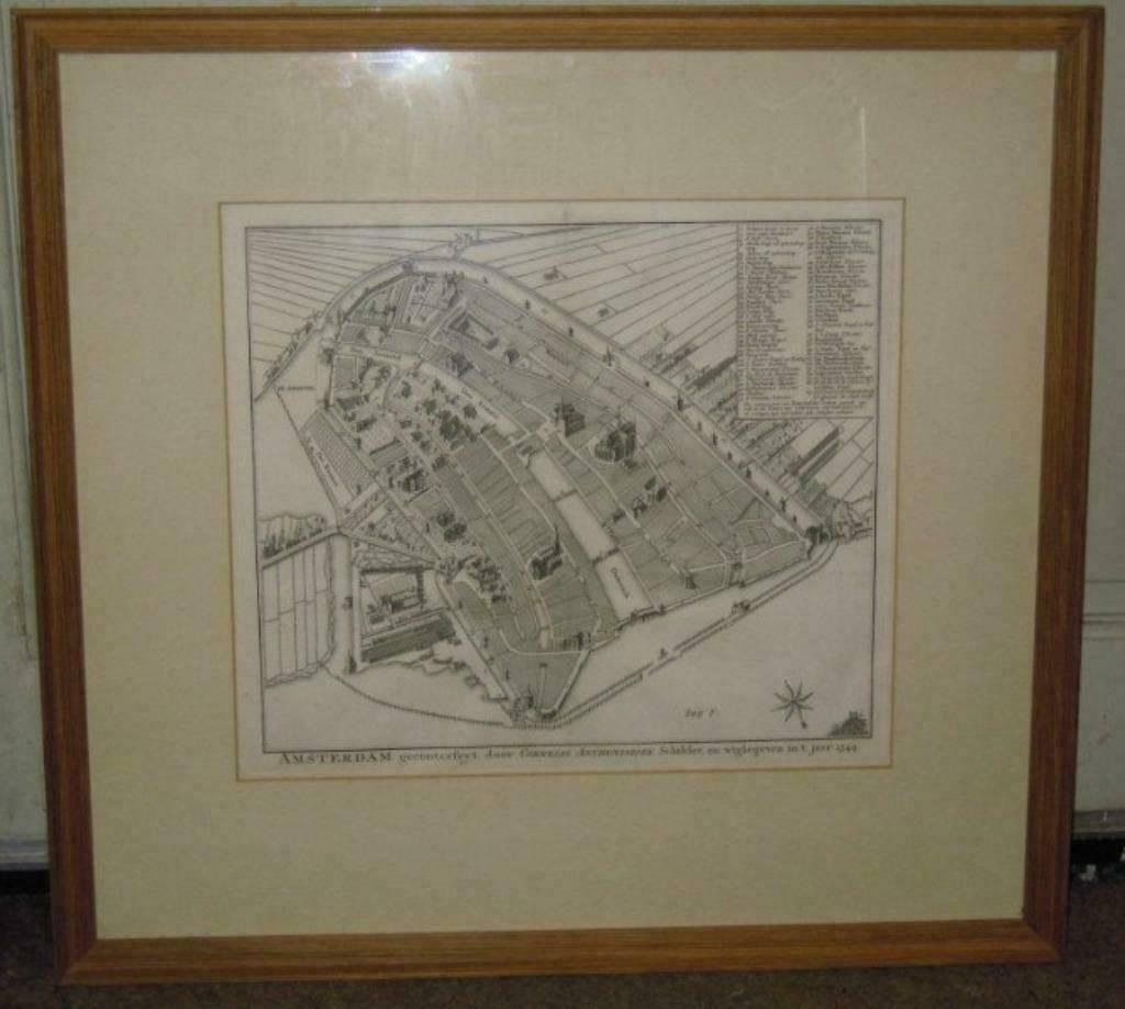 Map Plattegrond van Amsterdam 18e eeuw kopergravure, Antiek en Kunst, Cartografie, Ophalen of Verzenden, Gravure, Ingelijst