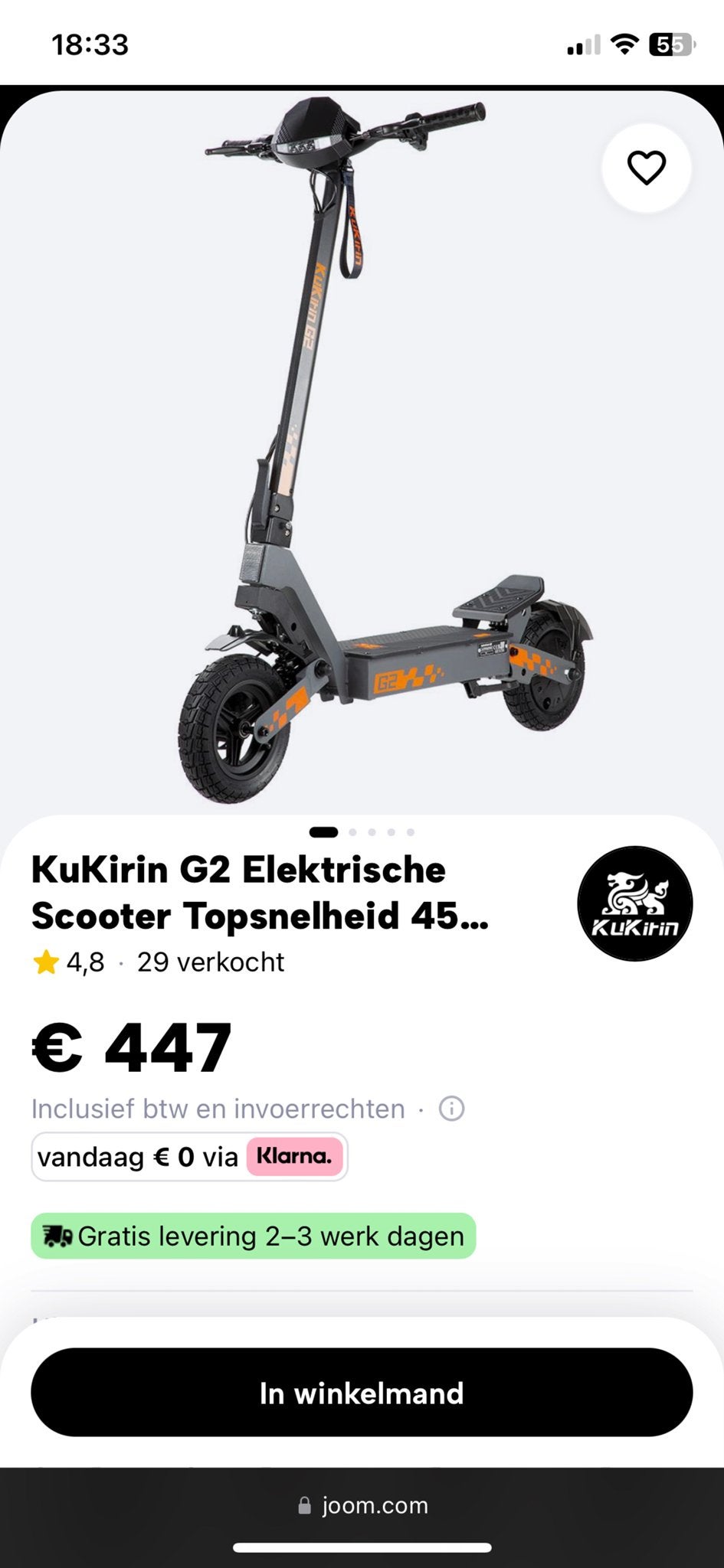 KuKirin G2 Elektrische Scooter - 45 km/u topsnelheid, Fietsen en Brommers, Steps, Ophalen, Zo goed als nieuw, Elektrische step (E-scooter)