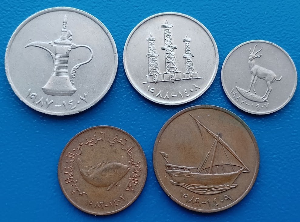 Verenigde Arabische Emiraten 5 x fils /1 dirham UNC, Verzenden, Midden-Oosten, Setje