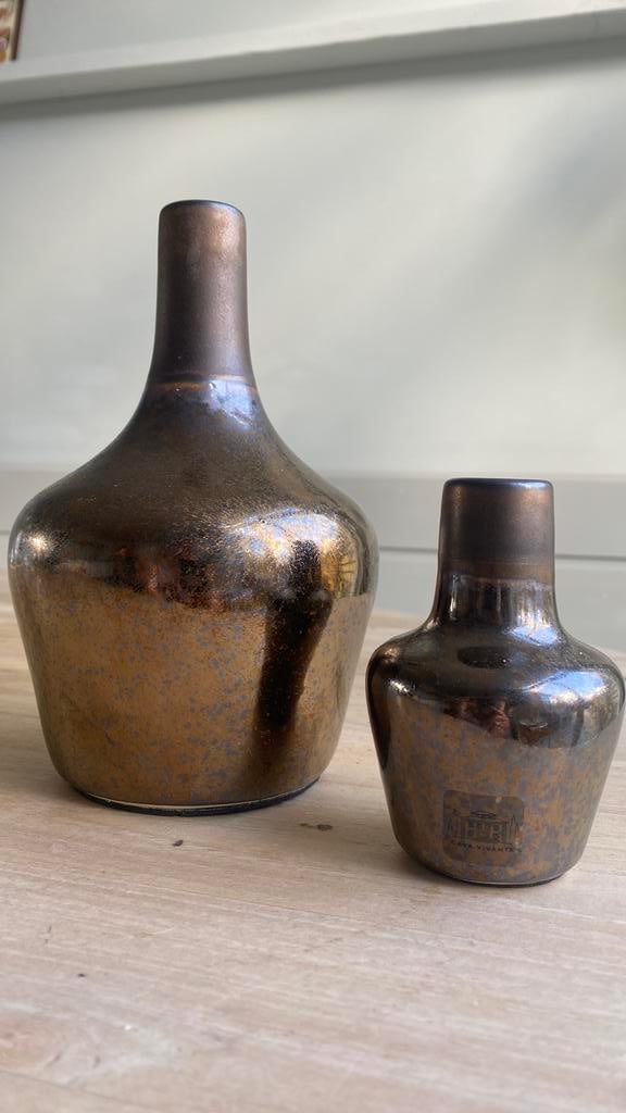 Mooie set koper kleurige vaasjes van casa vivante, Overige kleuren, Ophalen of Verzenden, Minder dan 50 cm, Glas