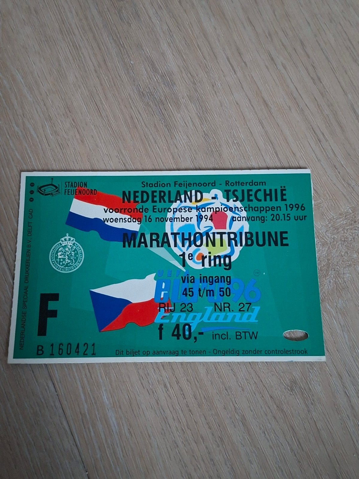 Nederland - Tsjechie Voetbal Ticket 16-11-1994, Ophalen of Verzenden, Overige typen
