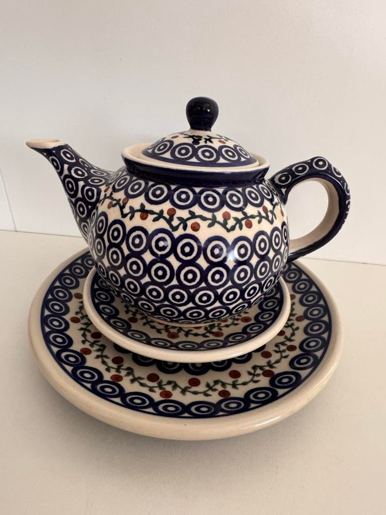 Bunslau theepot met schotels in Pools aardewerkstijl, Overige typen, Ophalen of Verzenden, Zo goed als nieuw, Overige stijlen