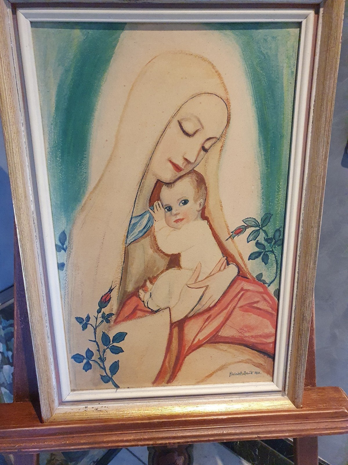 Vintage schilderij Moeder en Kind, gesigneerd 1930, Ophalen of Verzenden