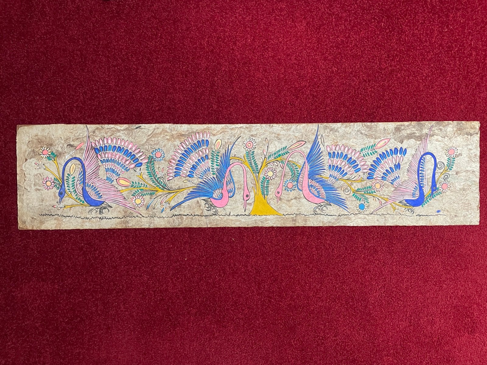 Vintage Mexicaanse amate schildering vogels  ca.95 cm, Ophalen, Handgeschilderd, Papier/karton, Dieren