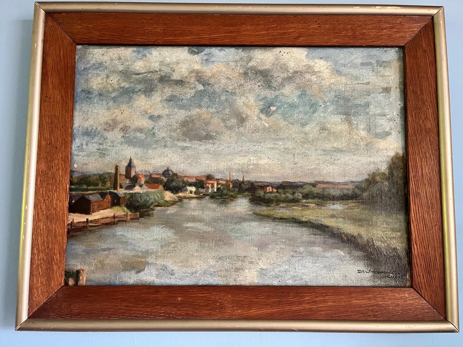 Olieverfschilderij: Rivierlandschap met stad op achtergrond, Antiek en Kunst, Kunst | Schilderijen | Klassiek, Ophalen of Verzenden