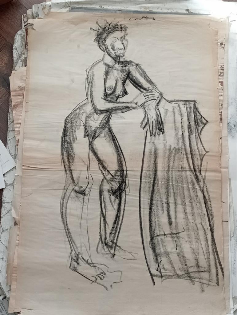 Zwart krijt circa 1990 staand naakt erotiek, Antiek en Kunst, Ophalen of Verzenden