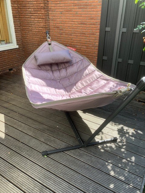 Fatboy Hangmat Taupe – Inclusief hoofdkussen, Ophalen, Opvouwbaar, Meerpersoons, Zo goed als nieuw