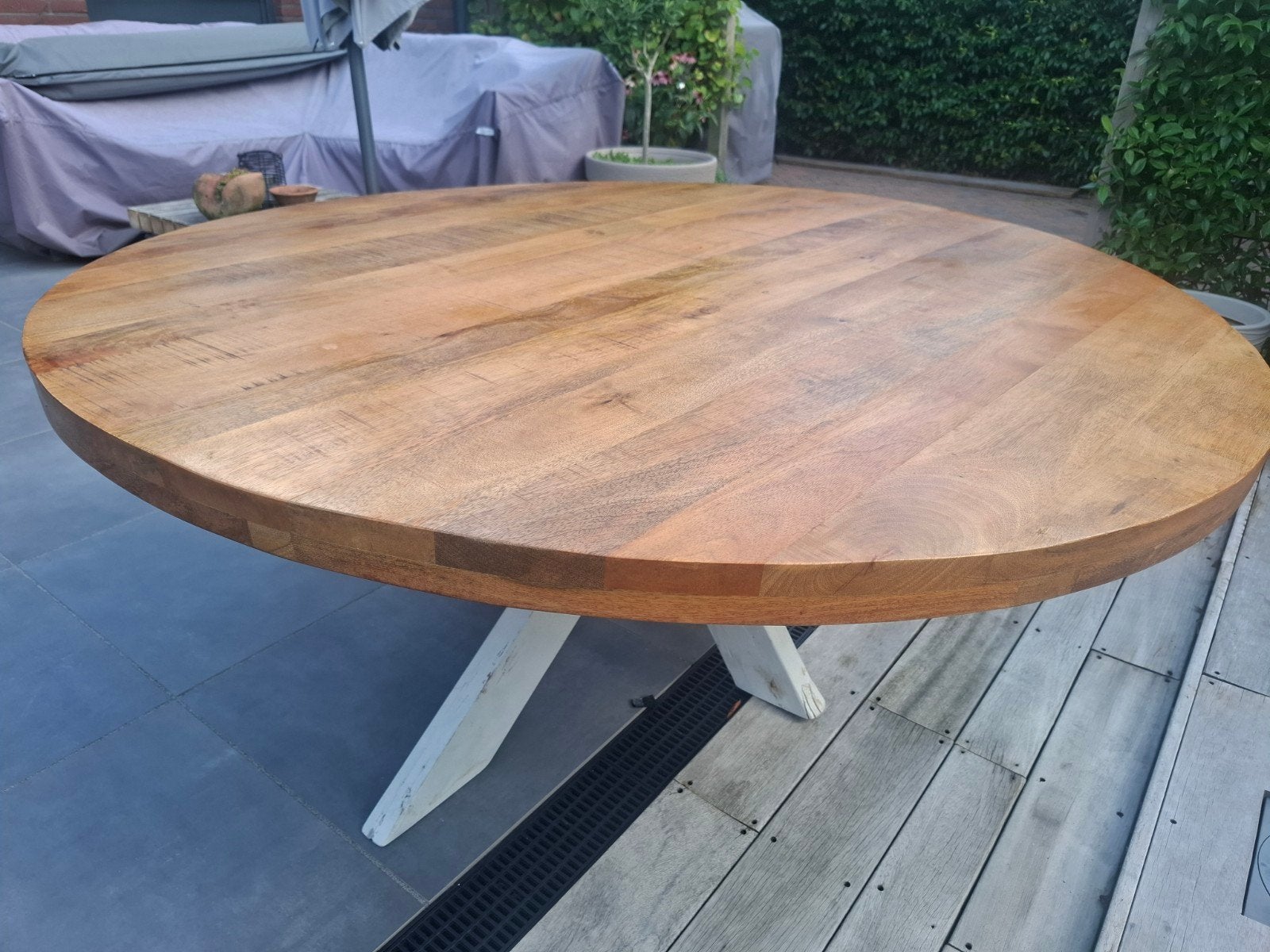 Ronde mangohouten tafelblad 150 cm, Ophalen, Gebruikt, Modern, Industrieel, 150 tot 200 cm
