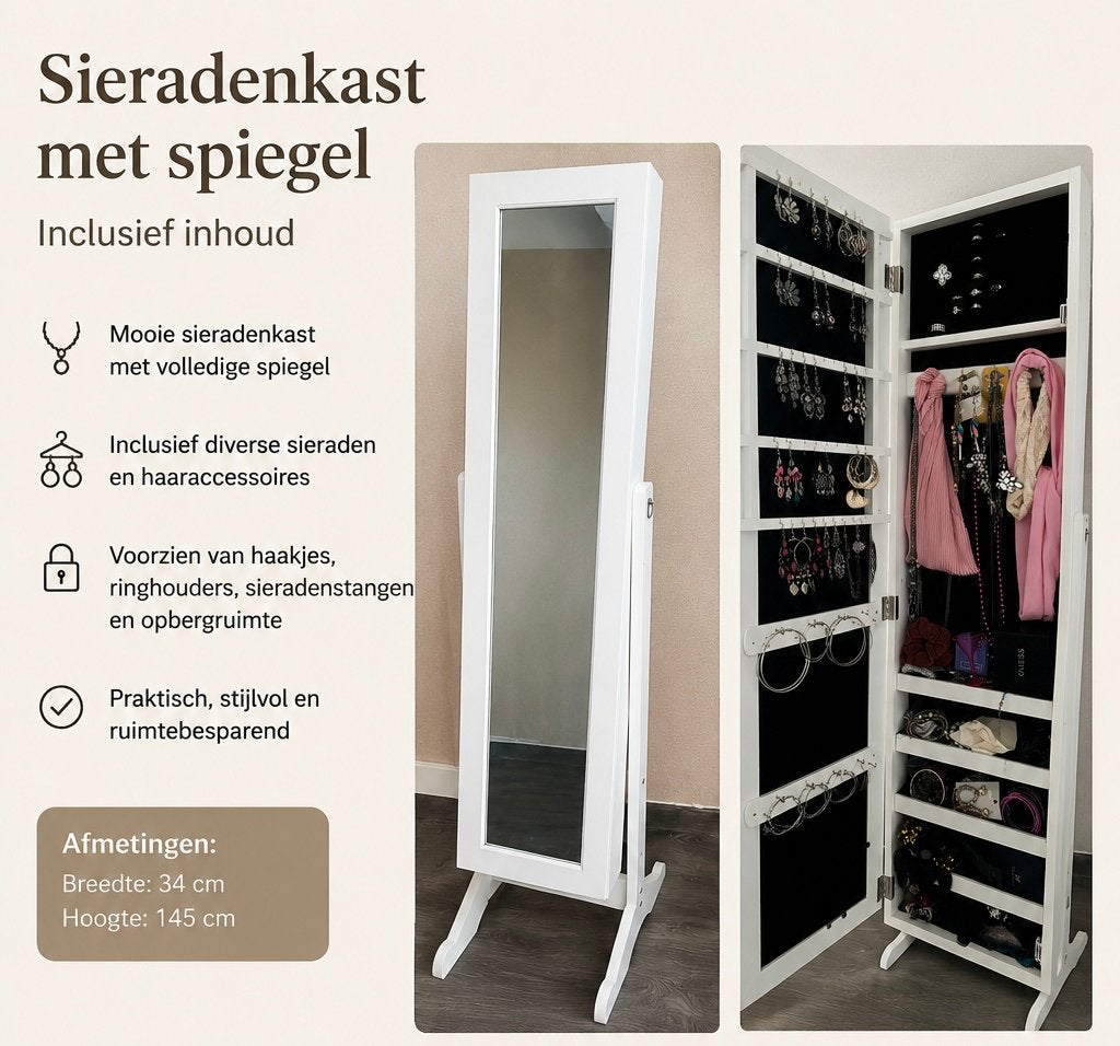 Sieradenkast met spiegel inclusief inhoud, Ophalen, Minder dan 50 cm, Gebruikt, 100 tot 150 cm