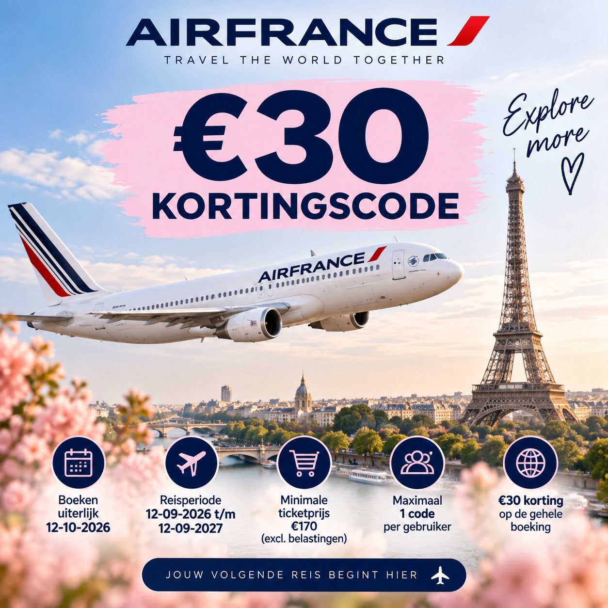 Airfrance €30 kortingscode, Tickets en Kaartjes, Eén persoon, Kortingsbon, Overige typen