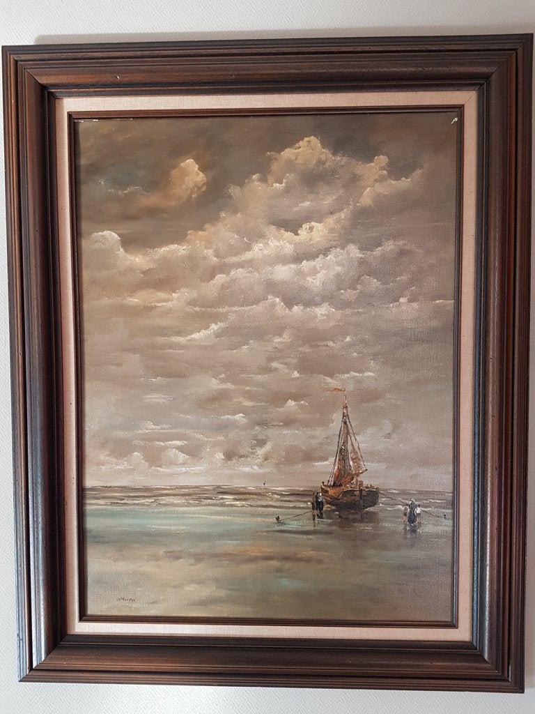 Mooi olieverfschilderij - Vissersboot op het strand, Antiek en Kunst, Kunst | Schilderijen | Klassiek, Ophalen, Maritiem / water