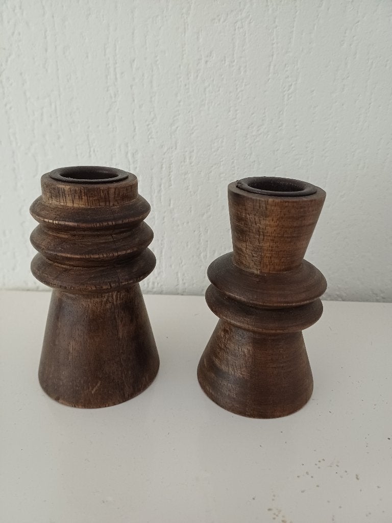 Set van 2 houten kandelaars met LED kaarsen, Bruin, Overige merken, Zo goed als nieuw, Kandelaar