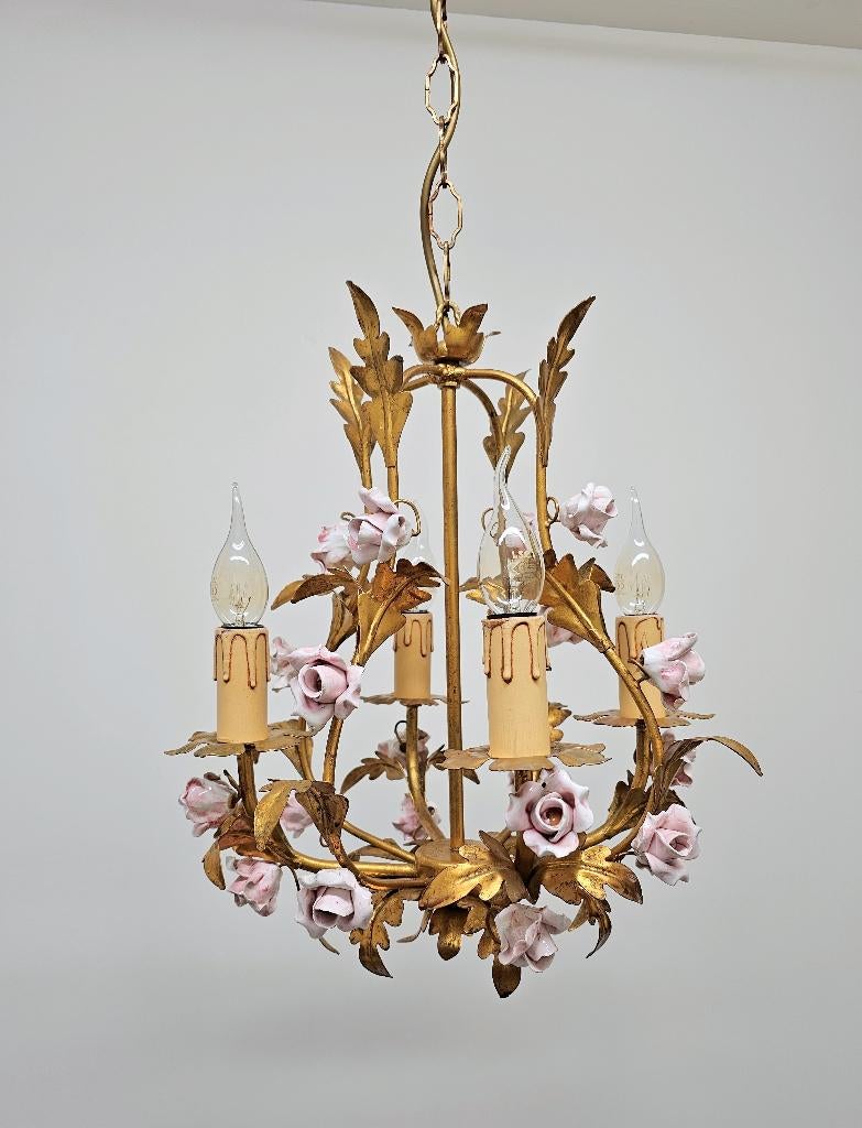 Antieke Franse kroonluchter met 20 porseleinen bloemen lamp, Ophalen of Verzenden
