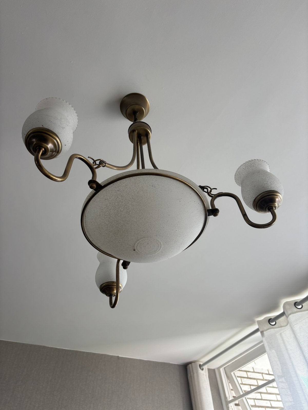 Vintage Plafondlamp met 3 Glazen Kappen, Huis en Inrichting, Lampen | Hanglampen, Ophalen, Gebruikt, Glas, E14 (klein)