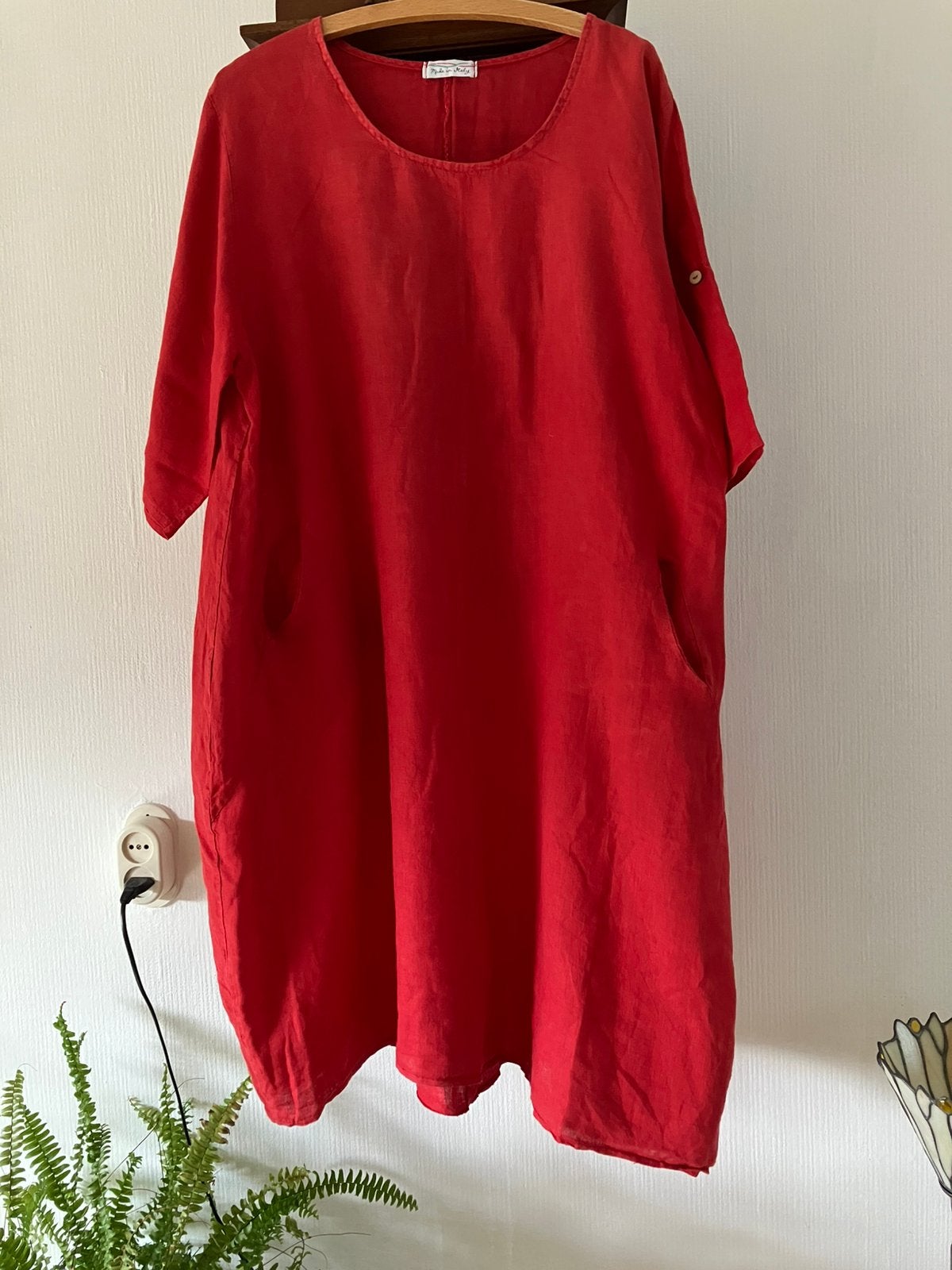 Italiaanse rode 100% linnen jurk met zakken mt XL izgs, Ophalen of Verzenden, Gedragen, Rood, Jurk