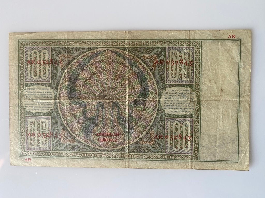 100 gulden bankbiljet 1932 - Luitspelende Vrouw - AR 032843, Ophalen of Verzenden, 100 gulden, Los biljet