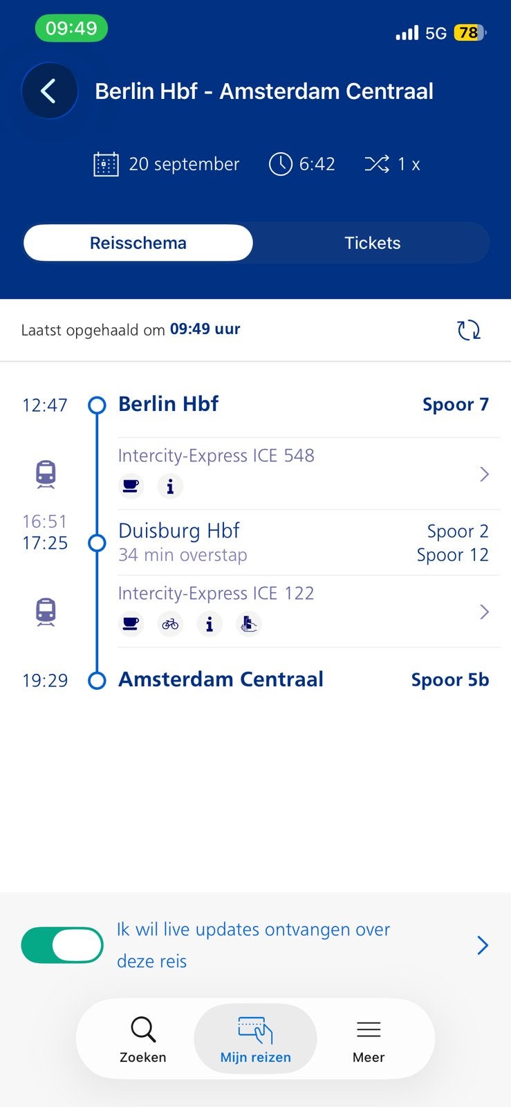 Treinticket Berlijn > Amsterdam zondag 20 sept om 12.47u, Tickets en Kaartjes, Eén persoon, Trein, Nederland, Met bestemming of datum